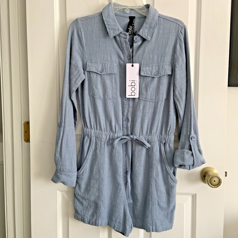 NWT Bobi Los Angeles Roll Tab Long Sleeve Utility style pocket Romper Blue sz XS